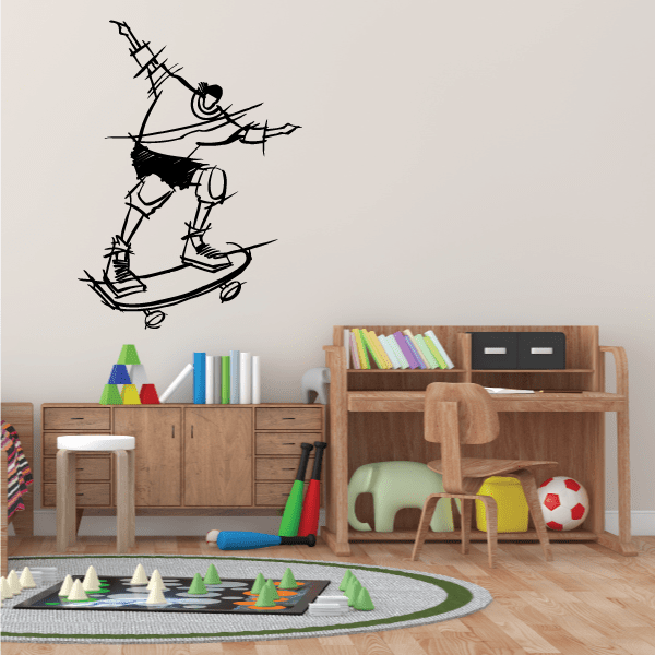 Skateboarding wall vinyl decal: black skateboarder silhouette with skateboard wheels