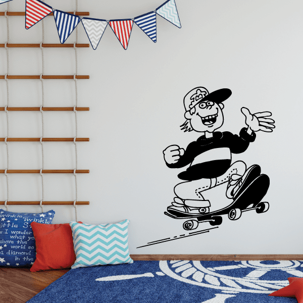 Skateboard wall decal of black-and-white cartoon skater riding a skateboard