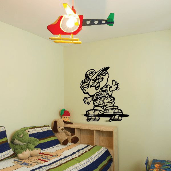 Skateboarding wall decal featuring a black cartoon skateboard rider with wheels