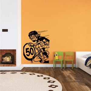 Black skateboarder wall decal with '50' circle and board, vinyl sticker