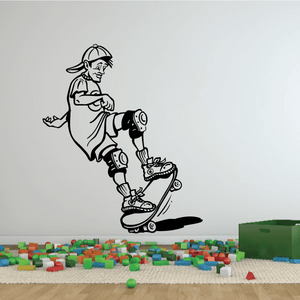 Vinyl wall decal of a black-outlined skateboarder in helmet, riding on a skateboard