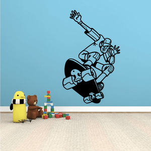Skateboarding wall decal showing two cartoon skaters riding boards, vinyl sticker art