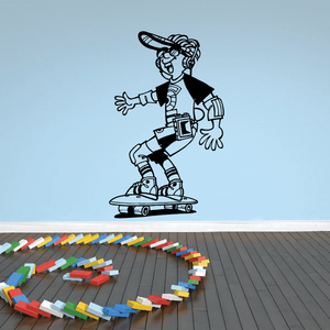 Skateboarder vinyl wall decal sticker, black-and-white cartoon figure mid-skate