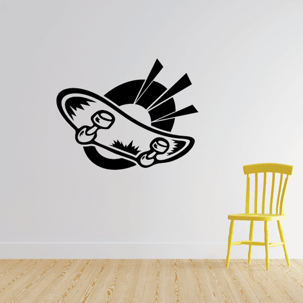 Skateboarding wall decal with a black skateboard graphic and motion lines