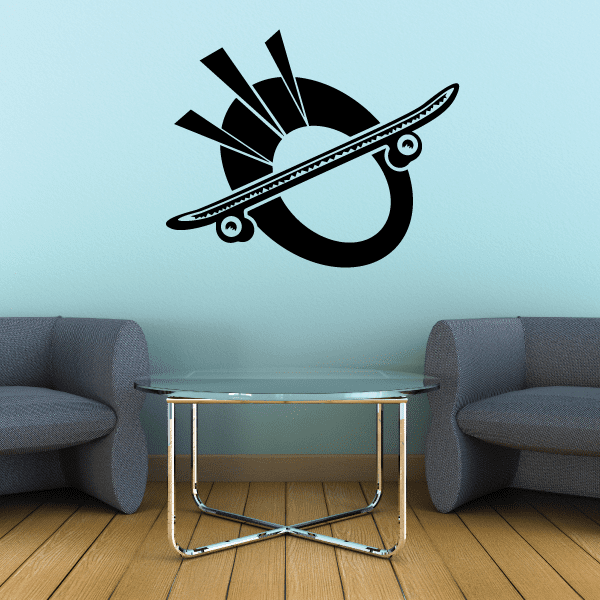 Skateboarding vinyl wall decal: black skateboard graphic with wheels and central ring