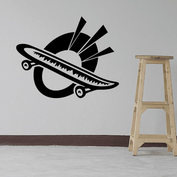 Black skateboard wall decal with stylized board, wheels, and motion lines; vinyl sticker