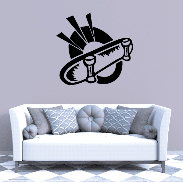 Skateboard wall decal vinyl sticker with black skateboard and wheels graphic