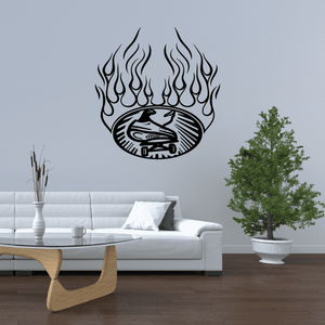 Skateboard flame wall decal: black and white flame with skateboard graphic