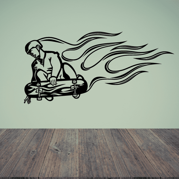 Skateboarding wall decal of black skateboarder with flaming flames motif