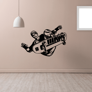 Skateboarding wall decal featuring a black skateboard with wheels and rider graphic