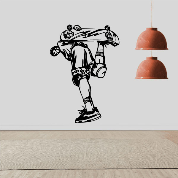 Skateboarding wall decal, black cartoon skateboarder silhouette with wheels and board.
