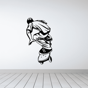 Skateboarding vinyl wall decal: black-and-white skater holding a skateboard