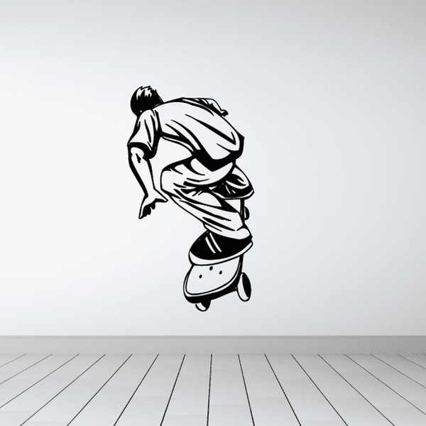 Skateboarding vinyl wall decal: black-and-white skater holding a skateboard