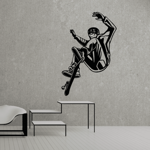 Skateboard wall decal vinyl sticker of a black skateboarder silhouette jumping