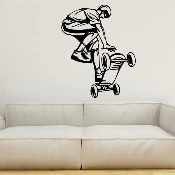 Skateboarding wall decal: black-and-white skateboarder figure with skateboard