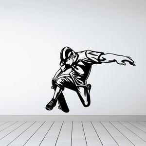 Skateboarder wall decal, black and white vinyl sticker of crouching skater with board