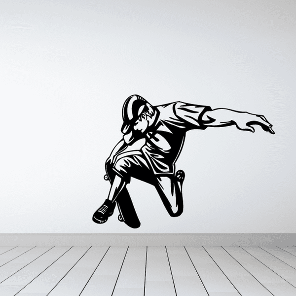Skateboarder wall decal, black and white vinyl sticker of crouching skater with board