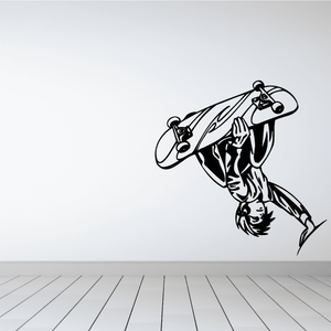 Skateboarding wall decal vinyl sticker, black cartoon skateboarder mid-ride