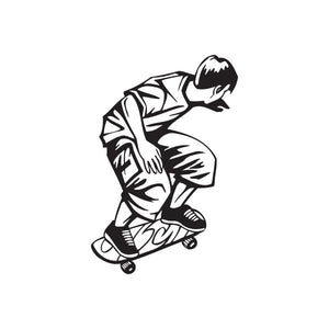 Skateboarder vinyl wall decal, crouching skater holding skateboard