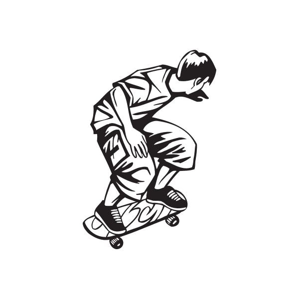 Skateboarder vinyl wall decal, crouching skater holding skateboard