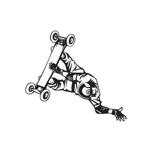 Skateboarding vinyl wall decal of a black-outlined skateboarder trick
