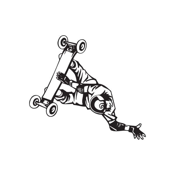 Skateboarding vinyl wall decal of a black-outlined skateboarder trick