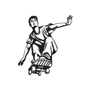 Skateboarder wall decal, black vinyl silhouette with raised hand and skateboard