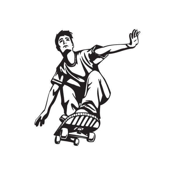 Skateboarder wall decal, black vinyl silhouette with raised hand and skateboard