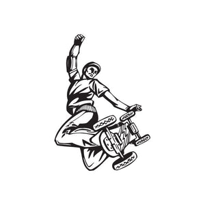 Skateboarding wall decal of a black-and-white skater with board and graffiti-style lines