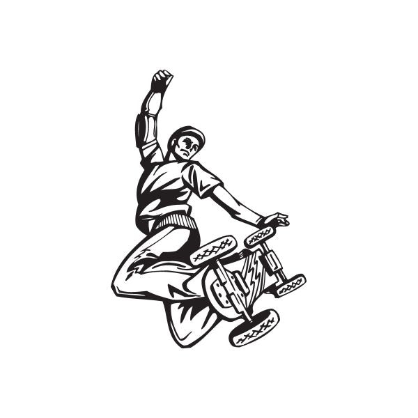 Skateboarding wall decal of a black-and-white skater with board and graffiti-style lines