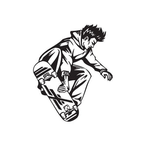 Black skateboard wall decal of a skater crouching and gripping a board
