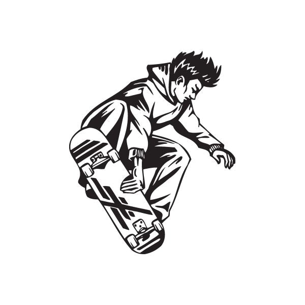 Black skateboard wall decal of a skater crouching and gripping a board