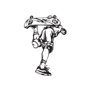 Skateboarding wall decal of a cartoon skater holding a skateboard