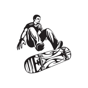 Skateboarding vinyl wall decal: black-and-white skateboarder sitting on skateboard