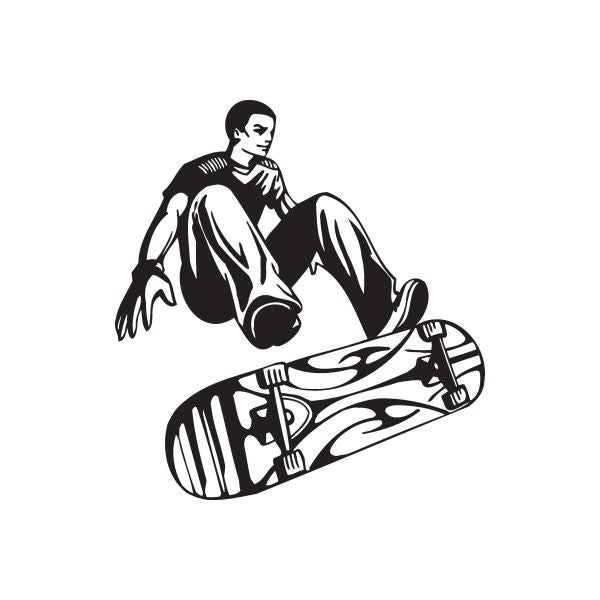 Skateboarding vinyl wall decal: black-and-white skateboarder sitting on skateboard