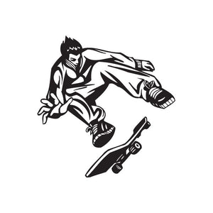 Skateboarding wall decal of black skateboarder reaching with skateboard
