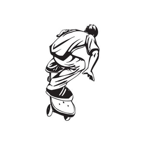 Skateboard wall decal of a black-and-white skater crouching on a skateboard