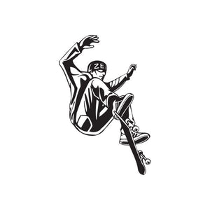 Black skateboarding wall decal featuring a leaping skateboarder with arms up