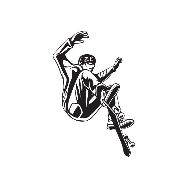 Black skateboarding wall decal featuring a leaping skateboarder with arms up