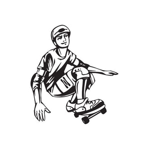 Skateboarder vinyl wall decal, black-and-white illustration holding a skateboard