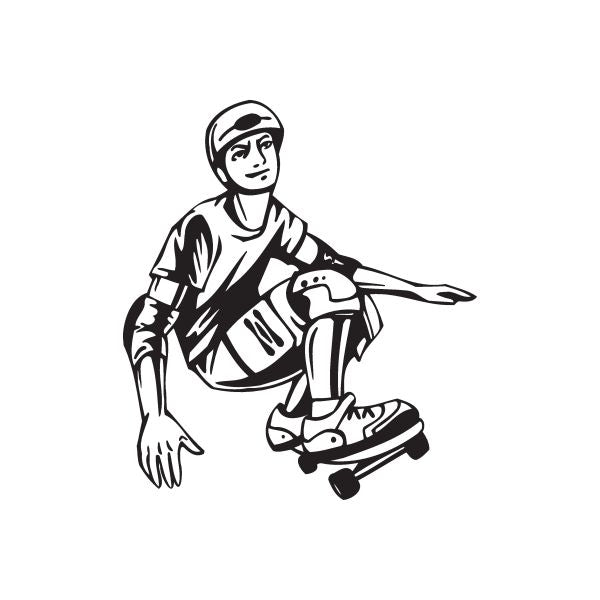 Skateboarder vinyl wall decal, black-and-white illustration holding a skateboard