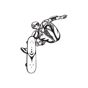 Skateboarder wall decal in black line art on skateboard.