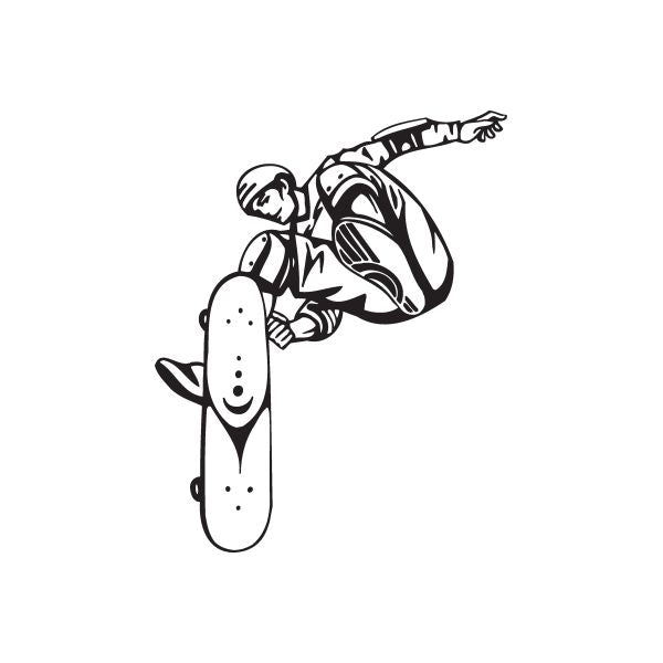 Skateboarder wall decal in black line art on skateboard.