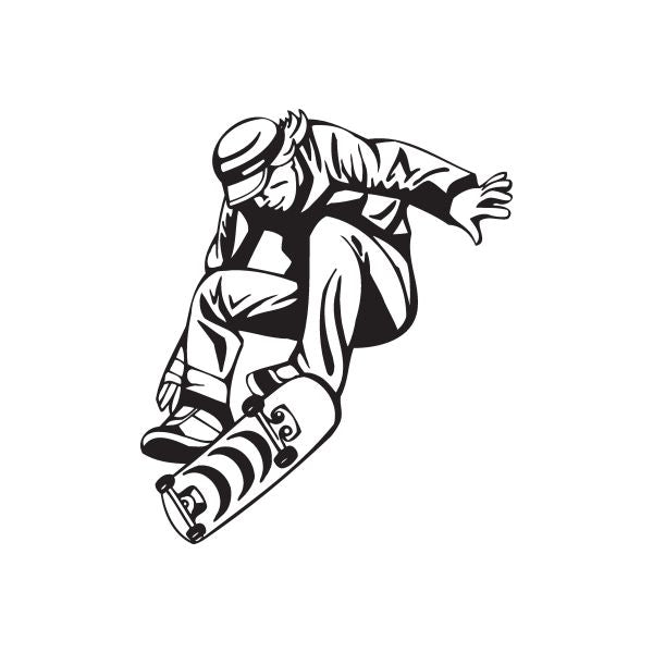 Skateboard wall decal of a black-and-white skateboarder in a crouch pose