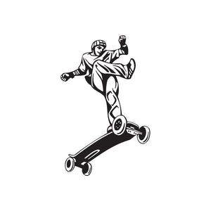 Skateboarder vinyl wall decal, black line-art figure riding a longboard