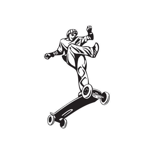 Skateboarder vinyl wall decal, black line-art figure riding a longboard