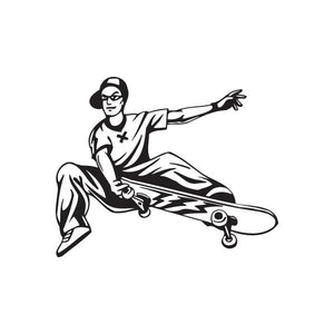 Skateboarding wall decal of a skater riding a skateboard, black vinyl outline.