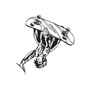 Skateboarding wall decal of black skateboarder mid-flip on skateboard