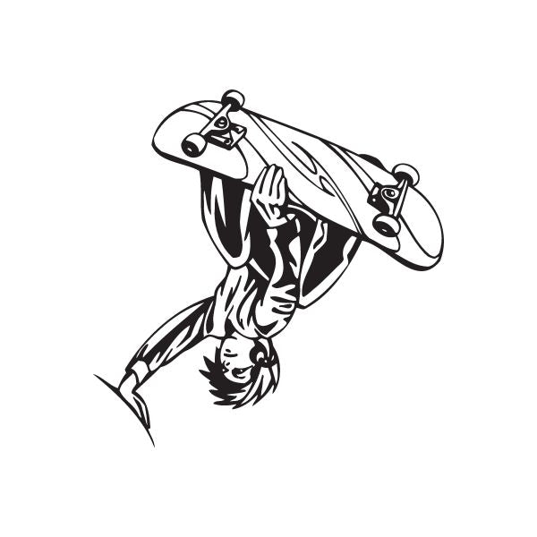 Skateboarding wall decal of black skateboarder mid-flip on skateboard
