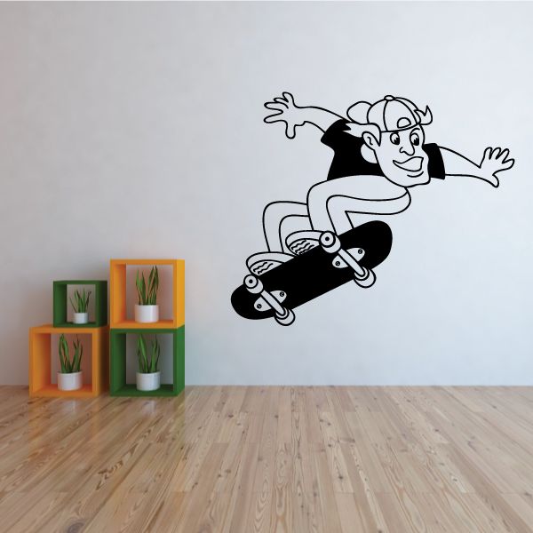 Skateboarder ollie wall decal vinyl with black-and-white skater on skateboard